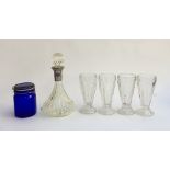 A ships decanter with silver plated collar, 31.5cmH; a blue glass storage jar and four sundae
