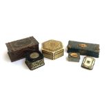 A hexagonal bone and mother of pearl inlay Indian box; some Mauchline ware, a bone and mother of