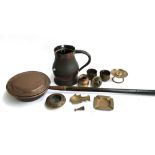 A mixed lot of metal items to include a copper pitcher; enamelled brass pot; candle holder; ashtray;