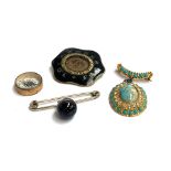 Yellow metal brooch set with turquoise and white stones, a Victorian mourning brooch , 9ct gold