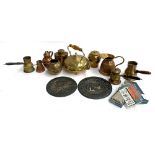 A mixed lot of various brass and copper items, to include two Lipton tea cannisters, Peerage jug,