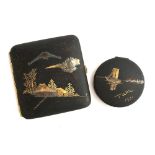 A signed Art Deco 1931 Japanese Damascene Komai Compact with Mirror, iron with silver and gold