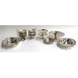 A set of six silver plated Mappin & Webb dessert bowls with frosted glass liners and spoons; two pie