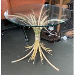 A French 1970s circular glass topped painted metal coffee table in the form of a wheat sheaf,