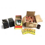 A mixed lot to include two Ensine box cameras; an Argus slide viewer; a box of Gevachrome ortho-