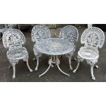A set of four white painted aluminium garden chairs and table, 71cmD