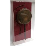 A cased Bang nga antique drum from Bhutan, with beater, approx. 72cmL, the case 89cmH