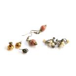 Pair of Birks white metal pearl earrings, pair of yellow metal twist stud earrings and two others