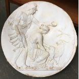 Two large resin plaster style roundels, depicting classical figures, one with goat, each approx.