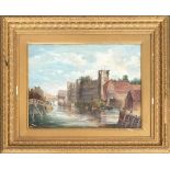 19th century continental school, study of a river and castle, oil on canvas, signed D.D 1883 lower