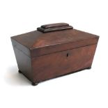 A 19th century mahogany sarcophagus tea caddy, three lidded compartments, 31cmW