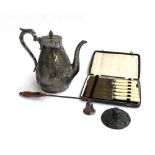 A Mappin Brothers London engraved Lidded Metal Jug with Acorn Finial; together with six boxed knives
