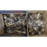 A large box of mixed plated wares, bone handled knives etc