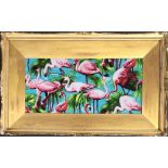 A gilt framed piece of fabric depicting flamingos, 20x43cm; together with mixed media, abstract