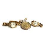 Victorian fob watch with 9ct case with a rolled gold bow pin plus a Lorus and a Goss ladies watches