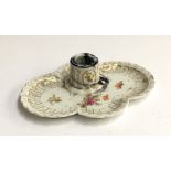 A Wurttemberg porcelain inkwell (af) with hand painted floral design, 20cmW