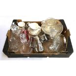 A mixed lot of glass and ceramics to include Royal Stafford 'Clovelly', various decanters to include