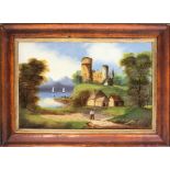 19th century continental school, painting on glass, lake and castle scene, 36x57cm