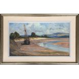 20th century British school, estuary scene with Exmoor in the distance, unsigned, 22 x 40cm