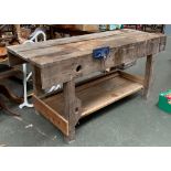 A pine workbench, with undershelf and small vice, 183x67x84cmH