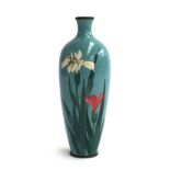 A small Japanese cloisonne vase, iris design on a turquoise ground, 15cmH
