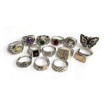 Thirteen 925 silver dress rings of varying designs, most with coloured stones, one featuring a