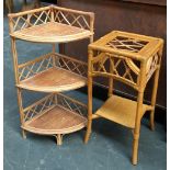 A bamboo three tier corner shelf unit, 76cmH; together with a bamboo bedside table, 30x30x62cmH