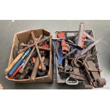 Two boxes of vintage tools, to include a pair of axel stands, rasps, hammers, saws, files and