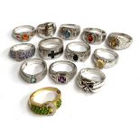 Thirteen 925 silver dress rings of varying designs, most with various coloured stones, gross