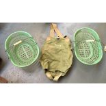 'The Partridge' green canvas apple picking bag, together with two apple baskets