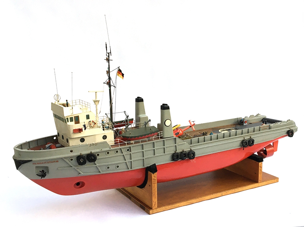 A model boat 1/4 inch scale RC Offshore work boat, designed for working on offshore drilling