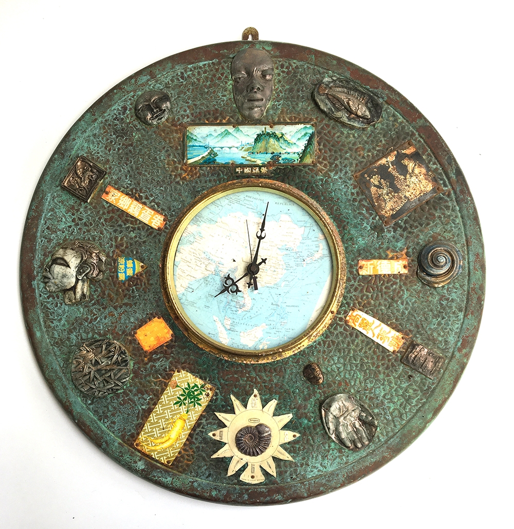 A decorative copper and object collage wall clock, 56cmD, marked 1993 to reverse