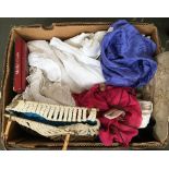 A mixed lot of linen, silk christening dresses, squares, scarves, crochet handbag etc; together with