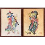 A pair of hand painted Chinese figures, pen and colour wash on unbleached paper, artist's seal to