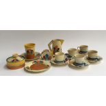 A Clarice Cliff 'Bizarre Crocus' part tea set, milk jug, 11.5cmH, several saucers, tumbler, lidded