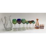 A set of six large and six small bohemian colour hock glasses, the tallest 18.5cmH; together with