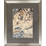 A Japanese woodblock print depicting samurai in a winter scene, 35.5x24.5cm