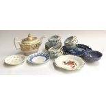 A mixed lot of ceramics to include white and gilt teapot, Royal Worcester blue and white plate, a