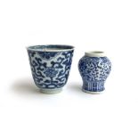 A miniature blue and white Chinese Vase with 4 character mark; together with a Chinese Blue and