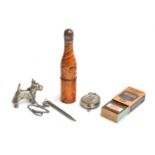 Beech wood cigarette holder case in a bottle form with a white metal top containing the holder, a