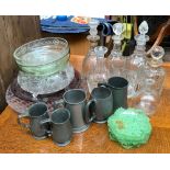 A mixed lot to include pewter tankards; glass decanters; glass fruit bowls etc