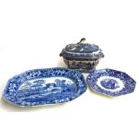 Three pieces of blue and white china, to include Spode meat plate, Wedgwood 'Ferrara' octagonal