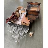 A mixed lot to include a set of eight cut glass wine glasses, jewellery box, two German steins,