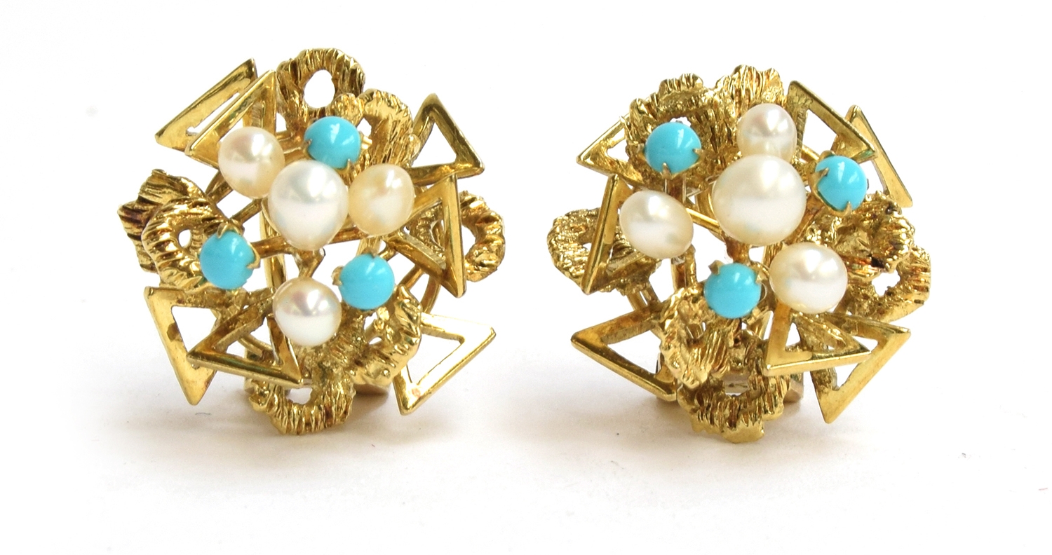 A pair of 14ct gold turquoise and pearl clip earrings, gross weight 9.6g