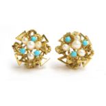 A pair of 14ct gold turquoise and pearl clip earrings, gross weight 9.6g