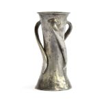 A Liberty & Co. Tudric pewter Arts and Crafts vase, with twisting tri-handles and waisted form,