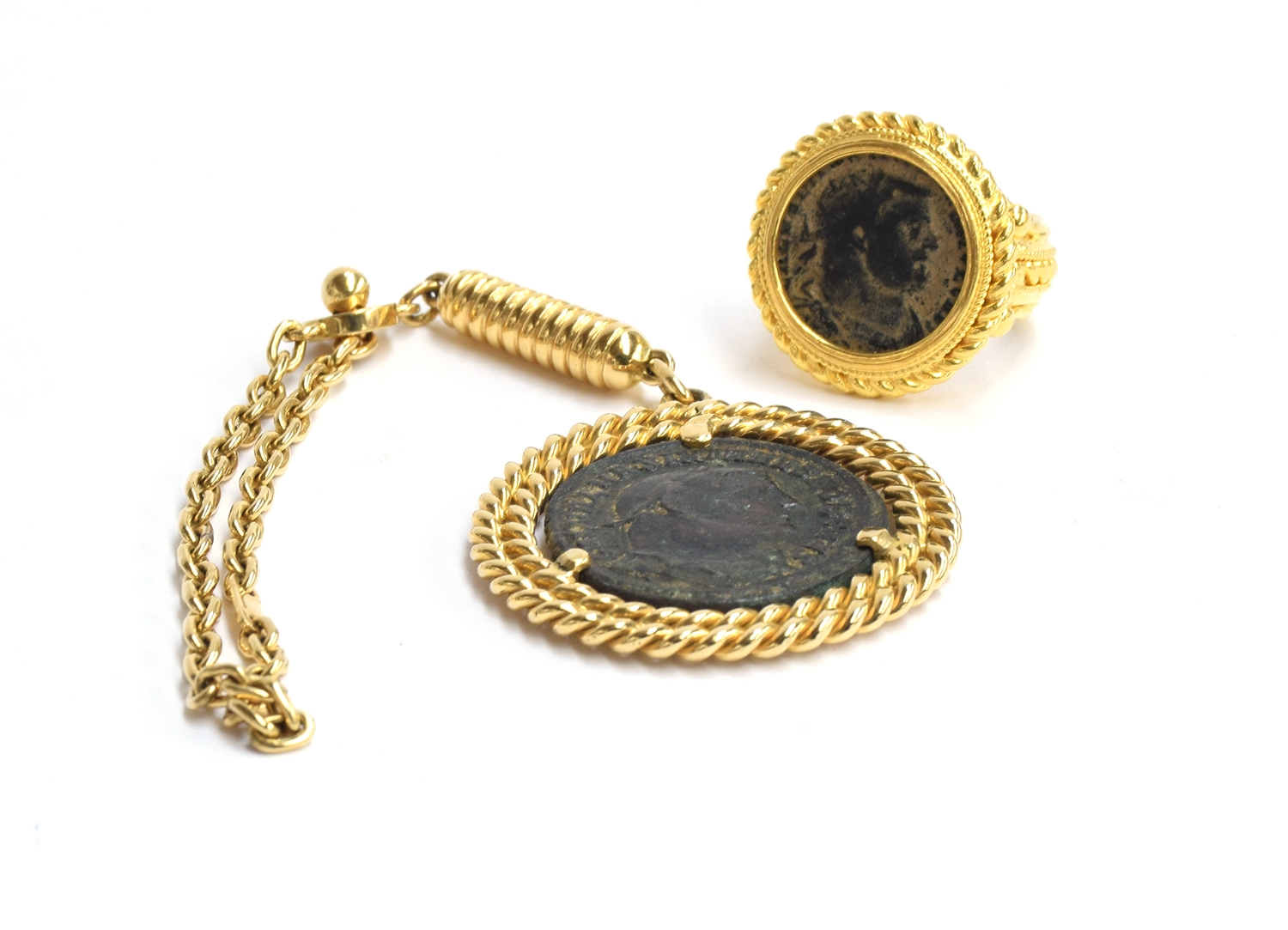 Roman coin jewellery, a Constantine bronze coin mounted as a gold medal (tests as 18ct), chain