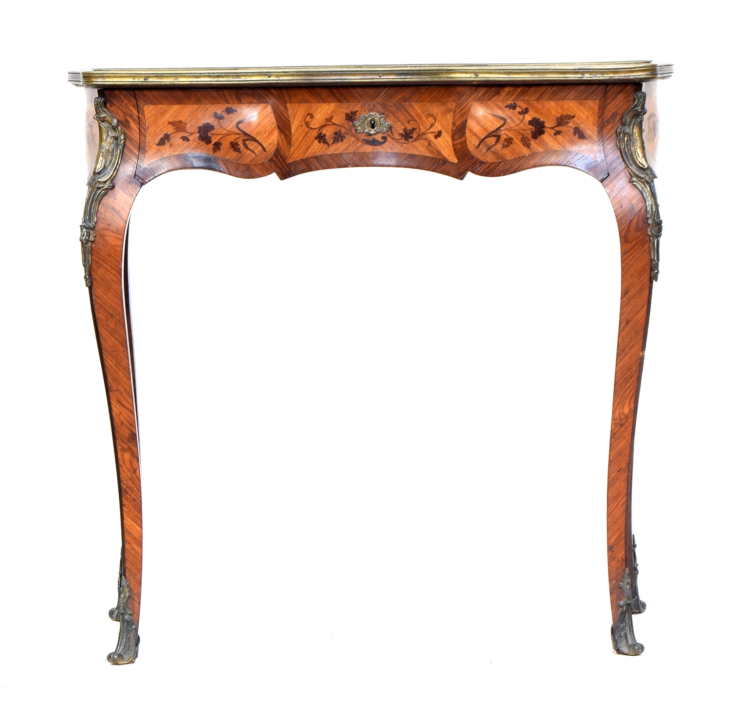 A Continental Louis XV style ormolu mounted marquetry side table, serpentine top with single drawer,