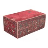 A Persian velvet covered pine box, metal thread decoration in the form of birds amongst foliage,