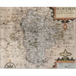 Christopher Saxton (act.c.1540-1610) with William Kip, hand coloured map of Bedford, 27.5 x 33cm